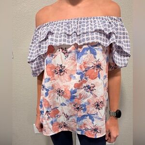 NY Collection Floral Off-Shoulder Blouse - Pink and Blue